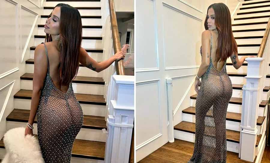 Anitta posa de look transparente com seios à mostra em festa pós-Oscar