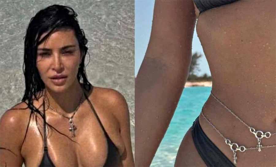 Kim Kardashian ostenta cintura fininha em fotos de biquíni; fotos