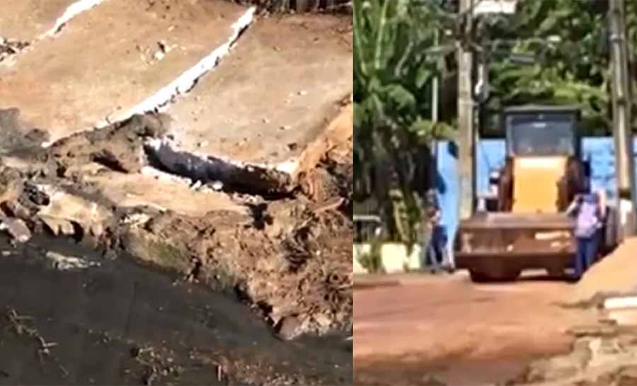 Morador do bairro Placas denuncia que trator da prefeitura teria danificado calçada durante realização de serviços