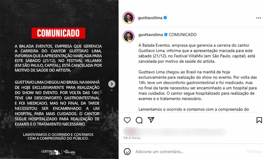 Gusttavo Lima é internado e show no VillaMix é cancelado; Saiba mais